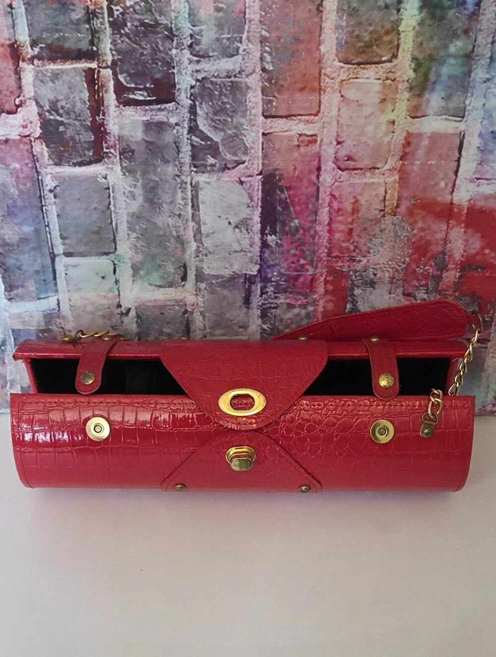 Bottle Carrier Cylinder Bag Croc-Texture W/ Gold Hardware